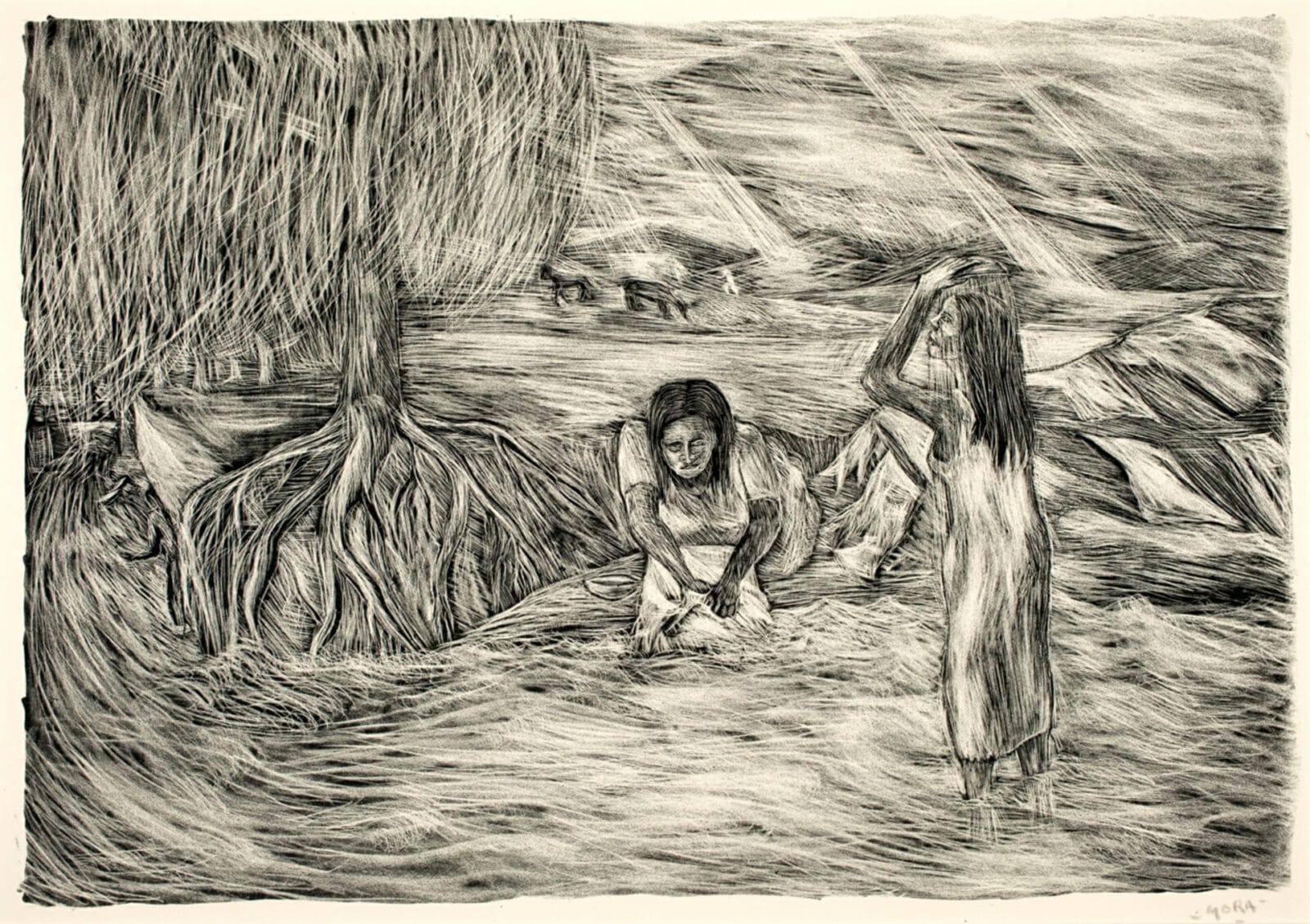 Mujeres que lavan / Women Washing. Artist: Francisco Mora. Date: 1945. Medium: litografía sobre papel / lithograph on paper.