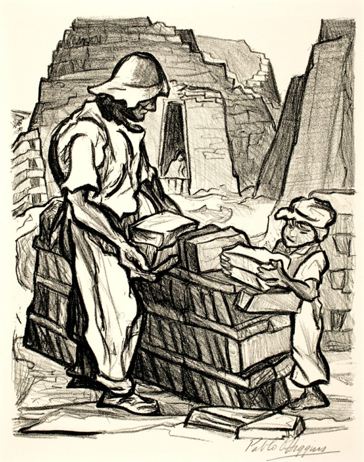 Ladrilleros (Sta. Cruz, Distrito Federal) / Brick-makers (Sta. Cruz section, Federal District), from Mexican People. Artist: Pablo O’Higgins. Date: 1946. Medium: litografía sobre papel / lithograph on paper.