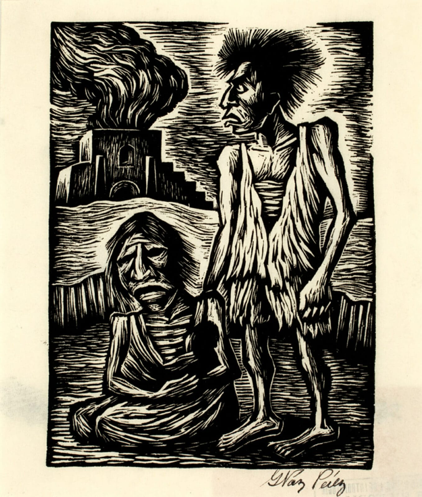 Hogar en flamas / Home on Fire. Artist: Gonzalo de la Paz Pérez. Date: sin fecha / undated. Medium: grabado en madera a fibra sobre papel / woodcut on paper.