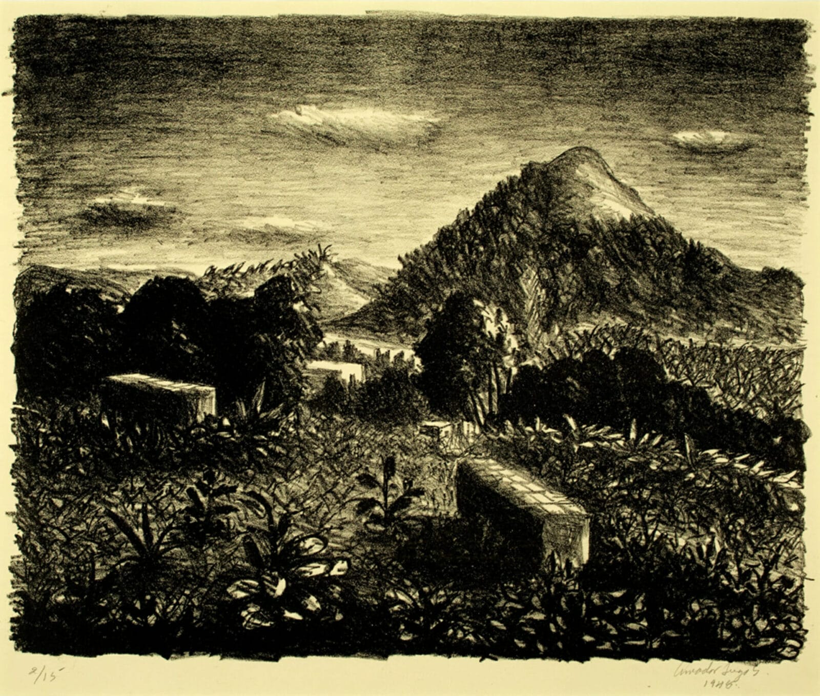 Paisaje / Landscape. Artist: Amador Lugo. Date: 1945. Medium: aguada sobre papel / ink wash on paper.