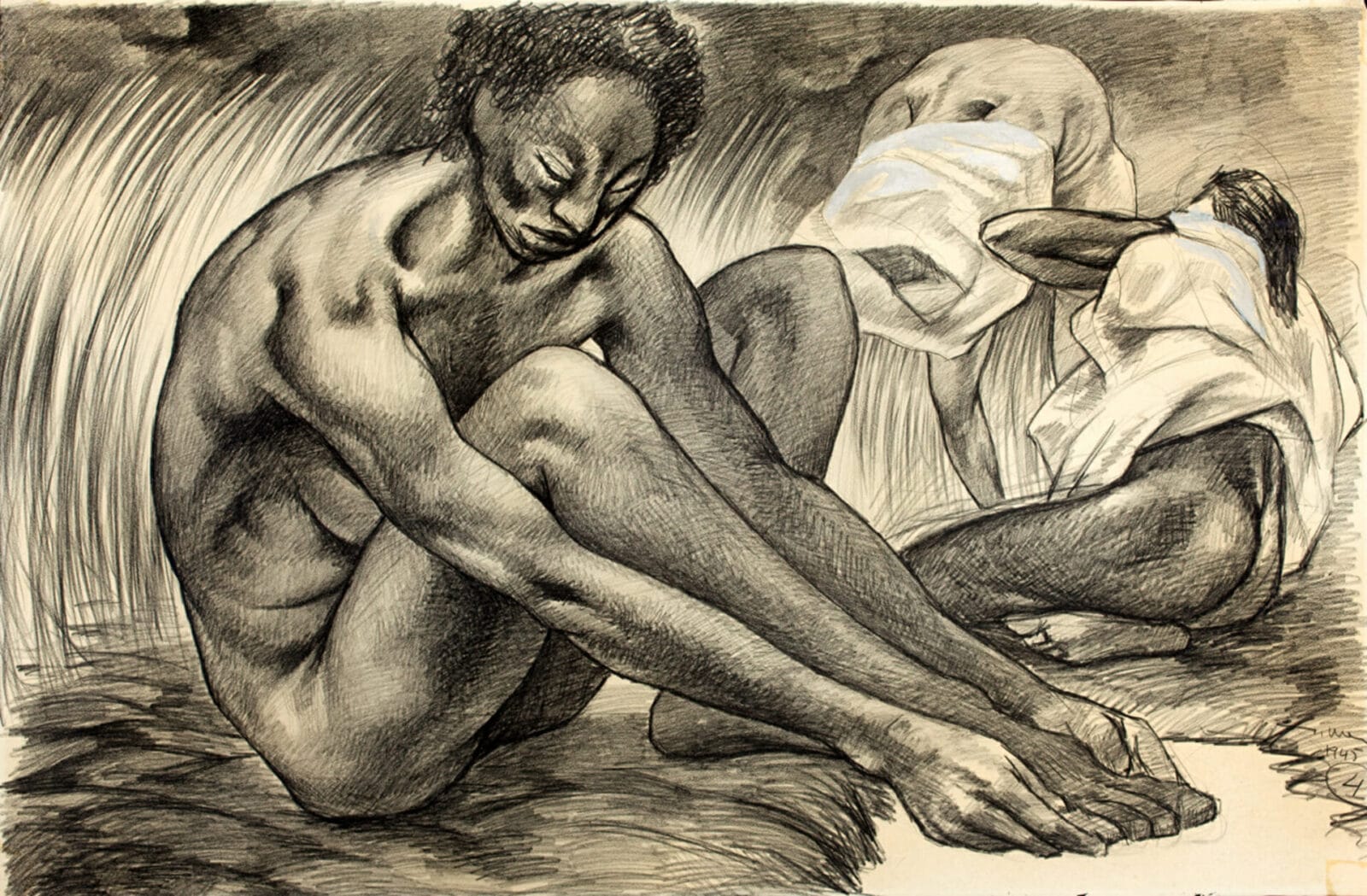 Bañistas / Women Bathers. Artist: Guillermo Meza. Date: 1945. Medium: lápiz compuesto y grafito con gouache sobre papel / crayon and graphite with gouache on paper.