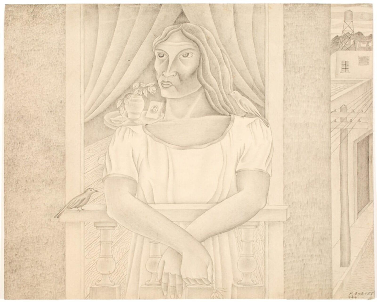 En el balcón / On the Balcony. Artist: Erasto Cortés Juárez. Date: 1946. Medium: grafito sobre papel / graphite on paper.