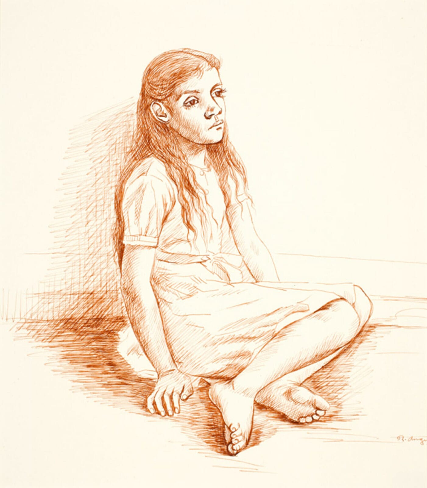 Niña sentada / Seated Girl. Artist: Raúl Anguiano. Date: 1945. Medium: tinta y sepia sobre papel / ink and sepia on paper.
