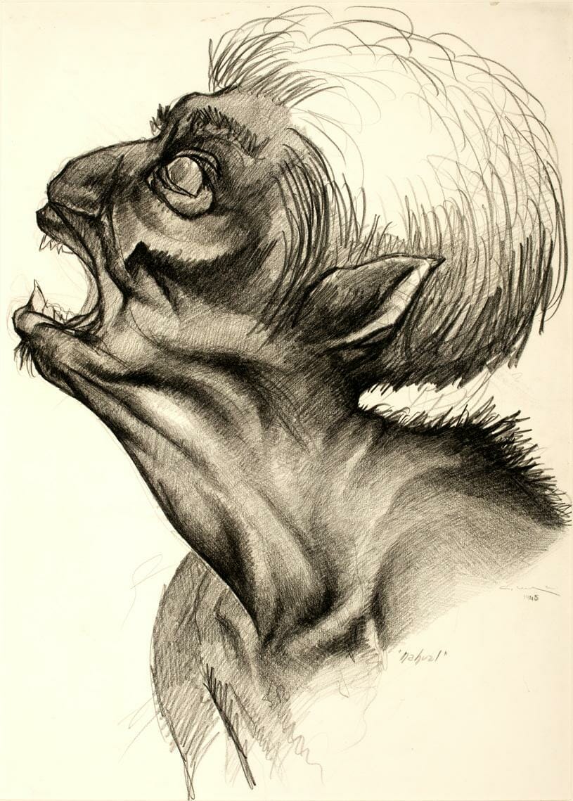 Nahual aullando / Nahual Howling. Artist: Guillermo Meza. Date: 1945. Medium: lápiz compuesto sobre papel / crayon on paper.