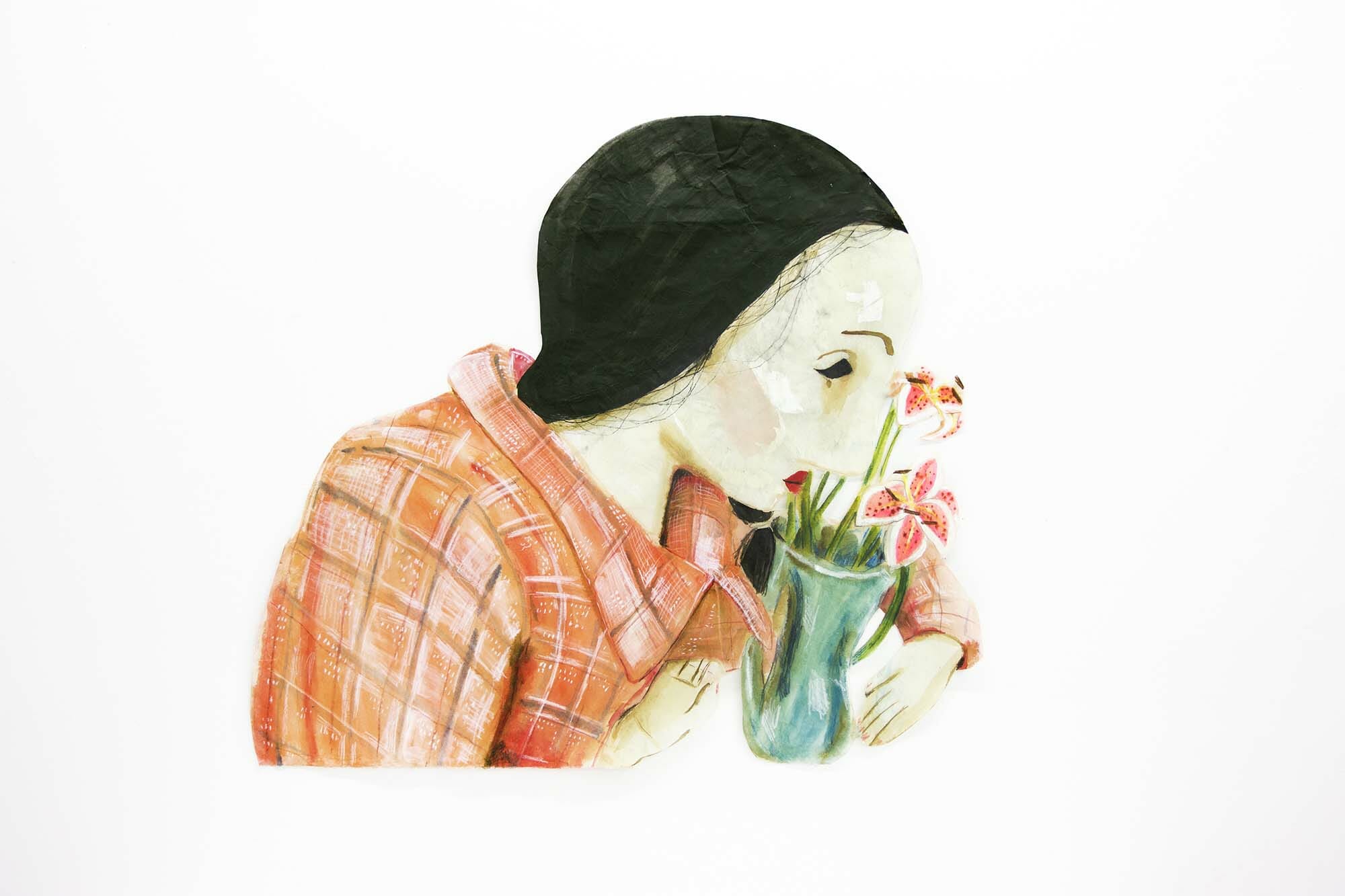 Claire Stigliani, Flowers, 2015. Acrylic, colored pencil, wax on rice paper, 34 ½ x 32 ½ inches. Courtesy the artist.