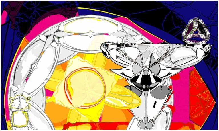 Eric and Heather ChanSchatz, PTG.0222 Slavery (Human Trafficking) / Stateless children in Chiang Mai, Thailand (detail), 2012–2015. Screenprint on silk and polished stainless steel, 80½ x 134½ inches. Courtesy of the artists.