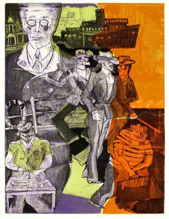 Warrington Colescott, Death in Venice: Aschenbach Aboard, from the portfolio Death in Venice, 1971. Etching, 15¹¹⁄₁₆ x 11¹⁵⁄₁₆ inches (image size). Collection of the Madison Museum of Contemporary Art. Museum Purchase, in memory of Lois Hartshorne.