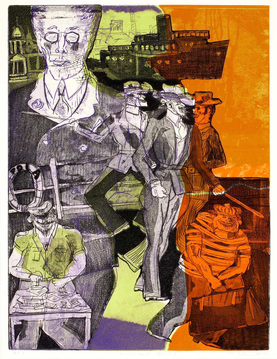Warrington Colescott, Death in Venice: Aschenbach Aboard, from the portfolio Death in Venice, 1971. Etching, 15¹¹⁄₁₆ x 11¹⁵⁄₁₆ inches (image size). Collection of the Madison Museum of Contemporary Art. Museum Purchase, in memory of Lois Hartshorne.