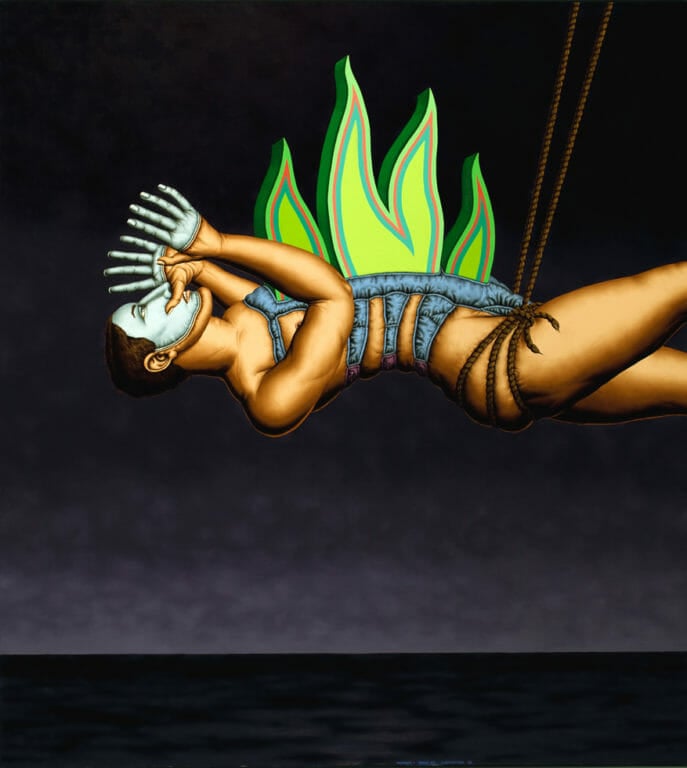 A figure suspended over a dark background.