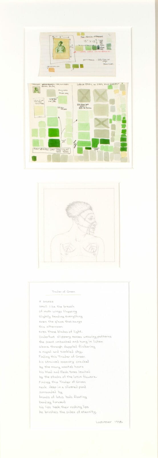 Three studies and poem for Trader of Green. Artist: Robert Lostutter. Date: c. 1998. Medium: graphite, watercolor, and ink on paper.