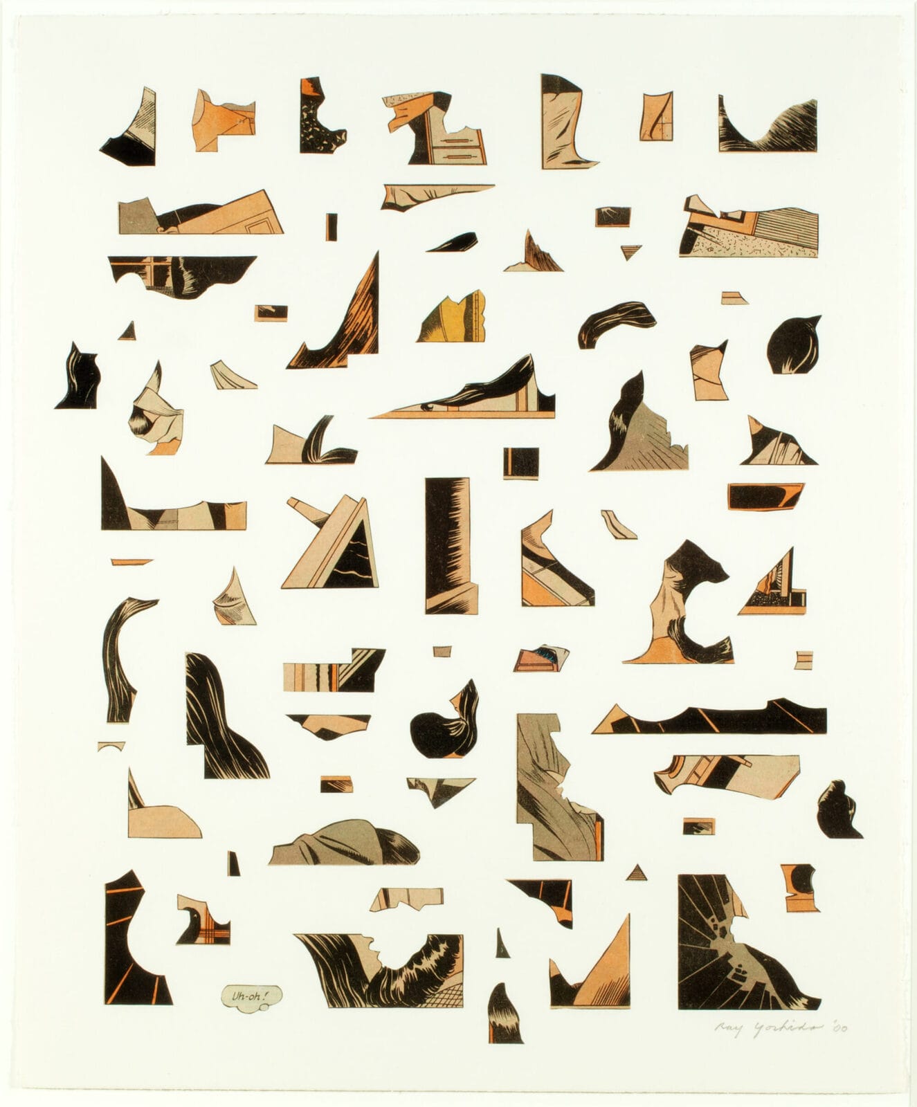 Uh-Oh!. Artist: Ray Yoshida. Date: 2000. Medium: collage of comic book clippings, pasted onto paper.