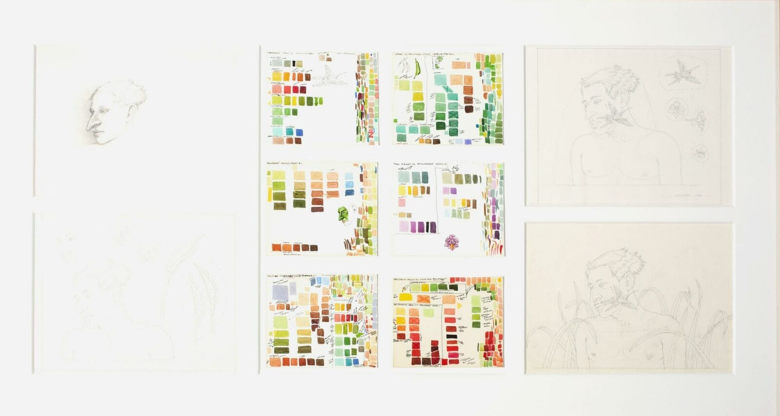 Four preparatory drawings and six palettes (Studies for Rainforest). Artist: Robert Lostutter. Date: c. 1991. Medium: watercolor and graphite on paper.