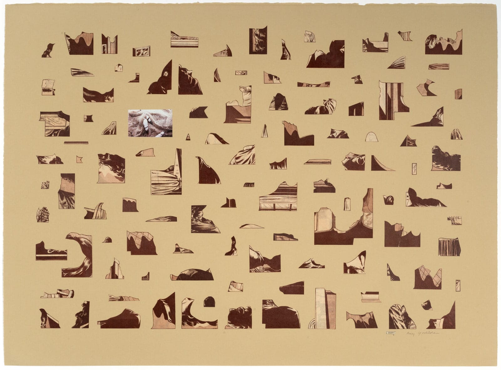 OOOFF!!. Artist: Ray Yoshida. Date: c. 1990. Medium: collage of comic book clippings, pasted onto paper.