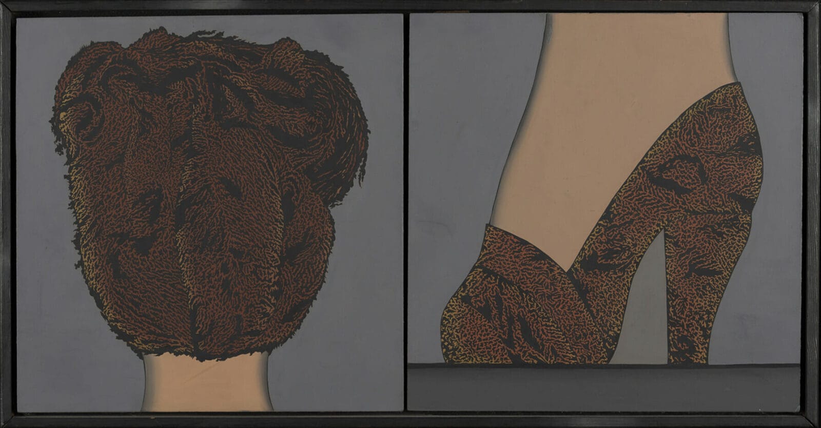 Lizard Hair and Shoe. Artist: Christina Ramberg. Date: 1969-1970. Medium: acrylic on masonite, in artist's painted frame.