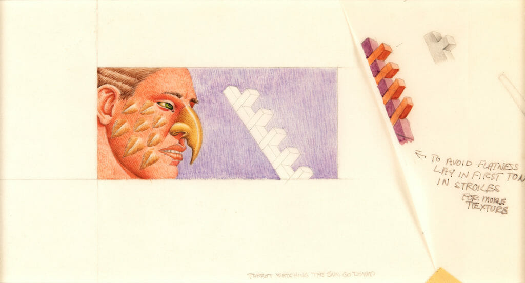 Three preparatory drawings (Study for Parrot Watching the Sun Go Down). Artist: Robert Lostutter. Date: 1986. Medium: watercolor on paper.
