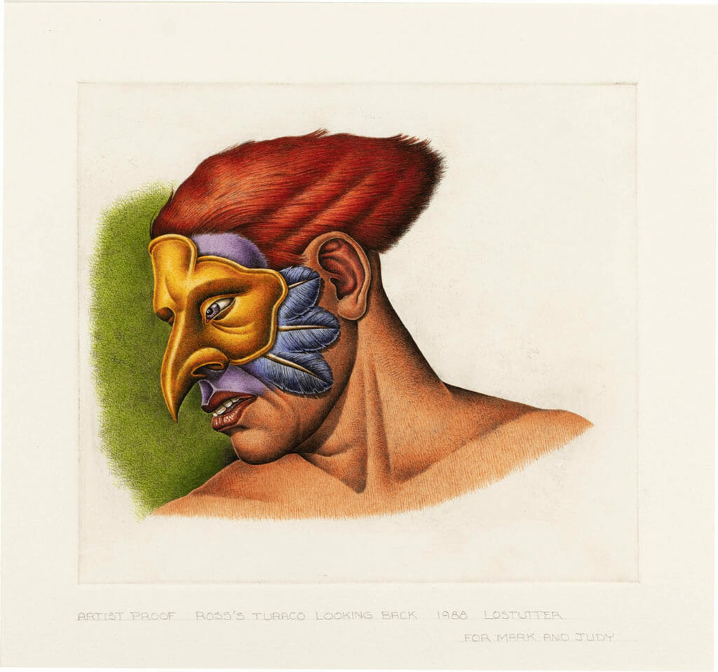 Ross’s Turaco Looking Back. Artist: Robert Lostutter. Date: 1988. Medium: color etching on paper.