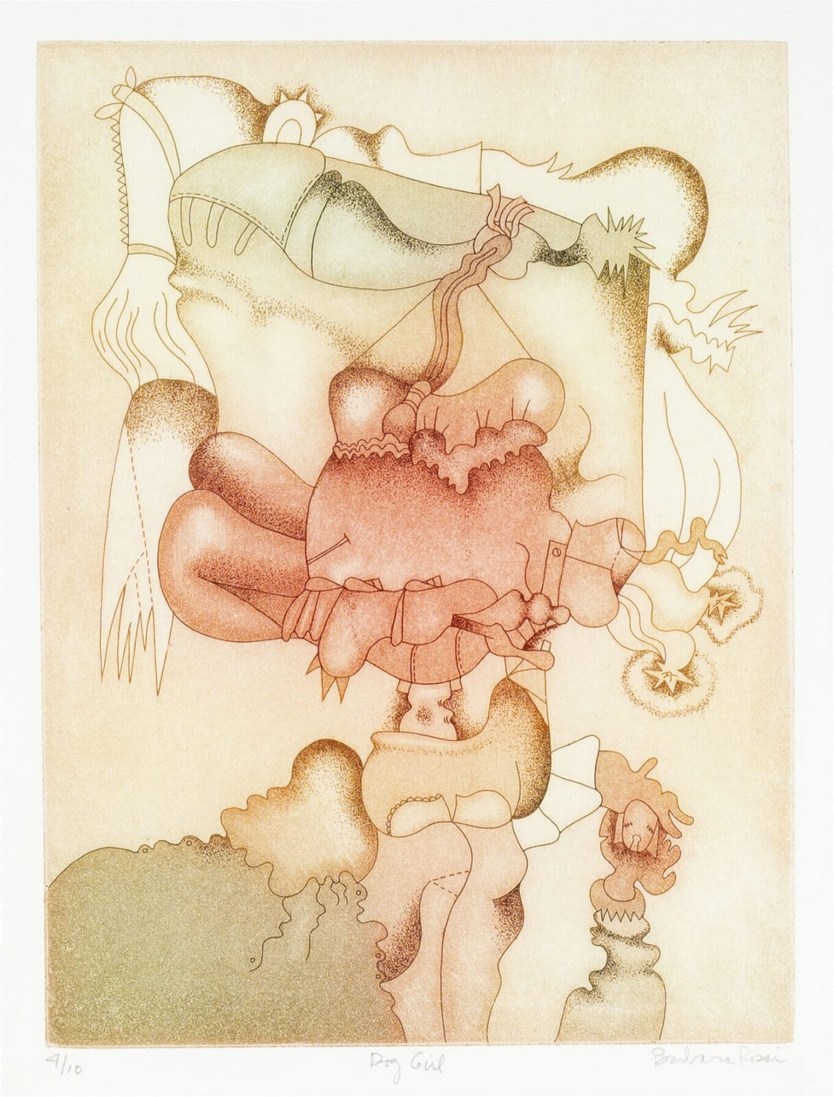 Poor Self Trait #1: Dog Girl. Artist: Barbara Rossi. Date: 1970. Medium: color etching and aquatint.