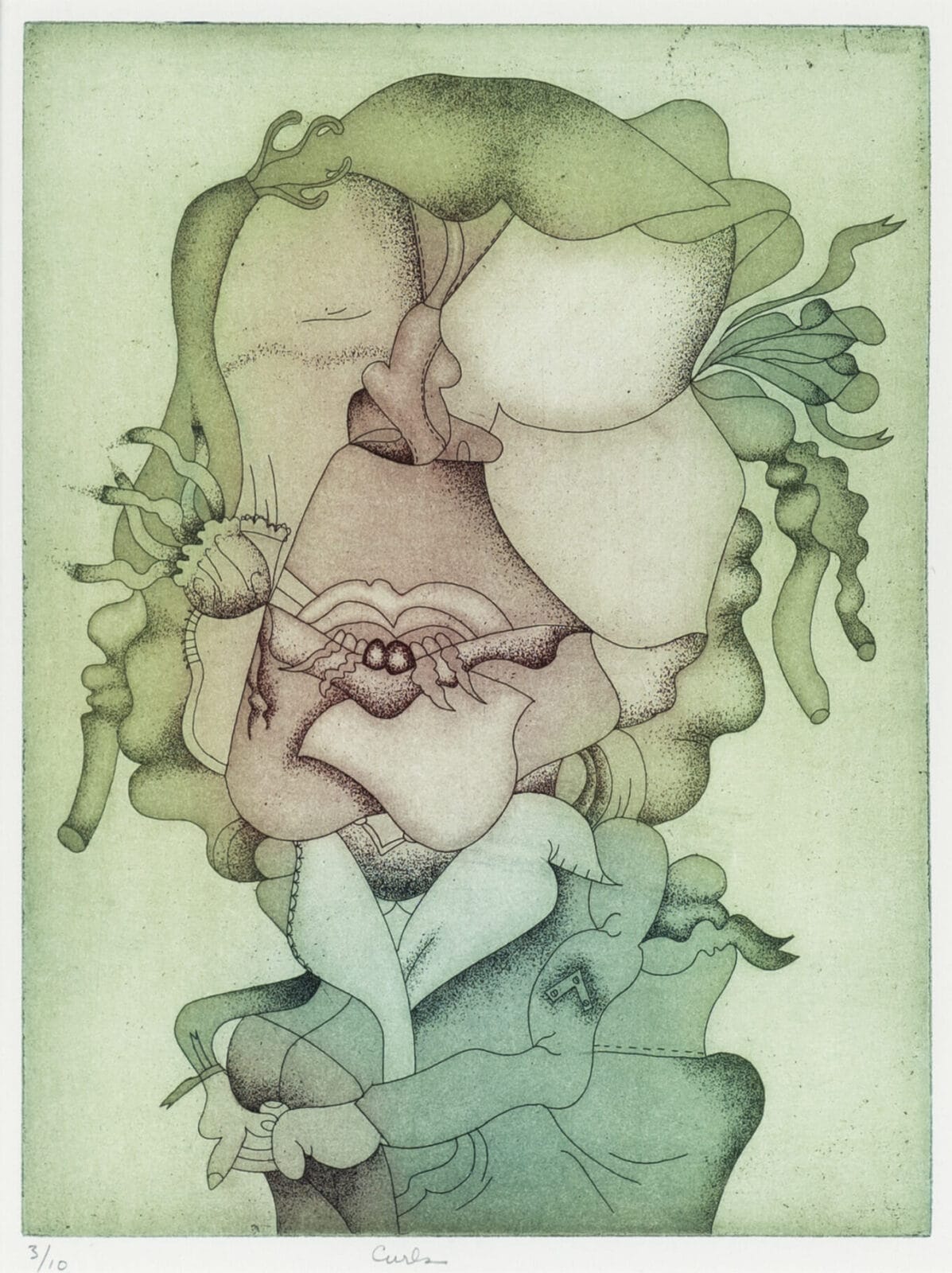 Poor Self Trait #3: Curls. Artist: Barbara Rossi. Date: 1970. Medium: color etching and aquatint.