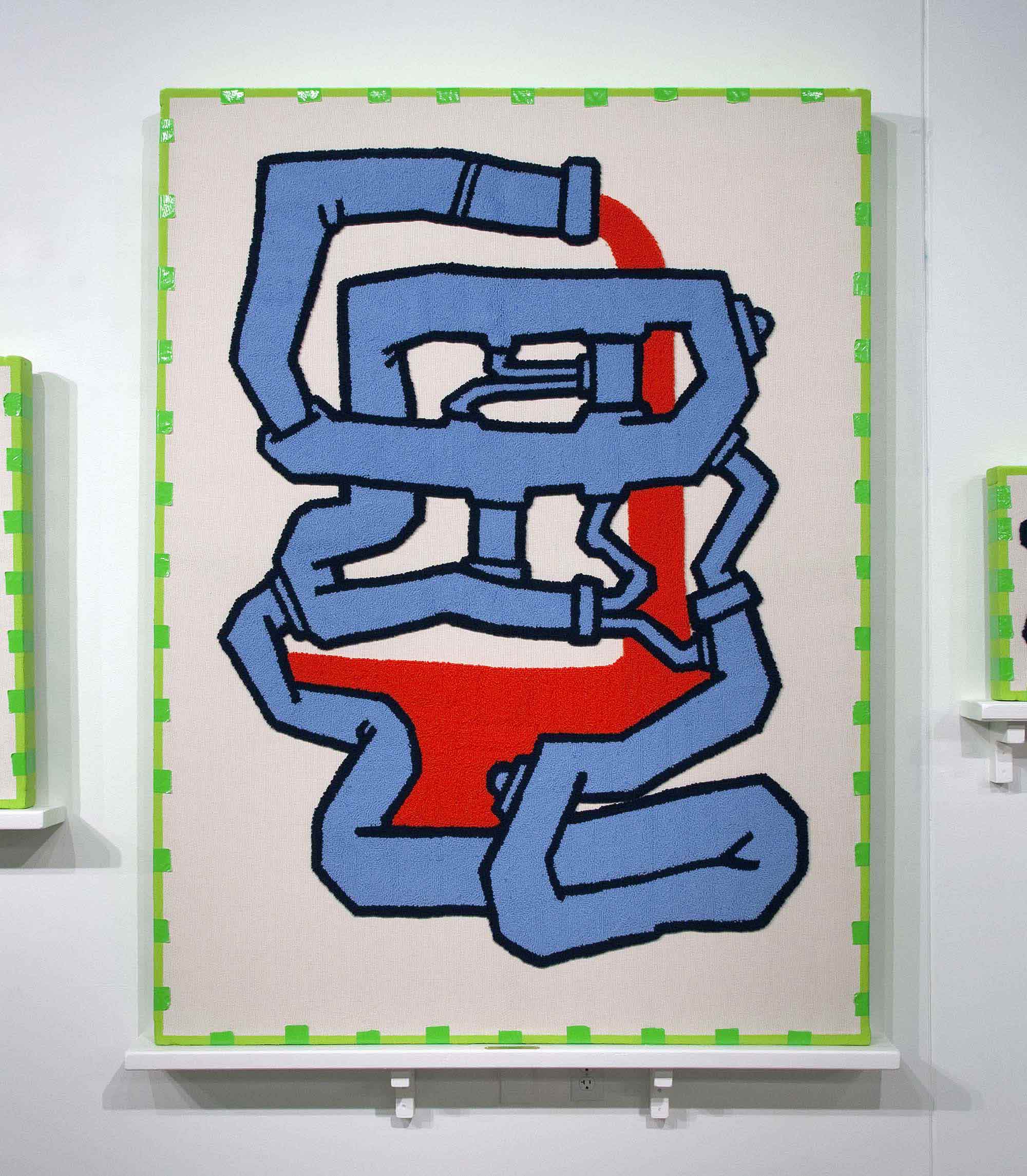 Chris Rowley, The Fascist Hag and a Plowshare Oddity, 2016. Acrylic yarn on monk’s cloth, 86 x 63 inches. Courtesy of the artist.