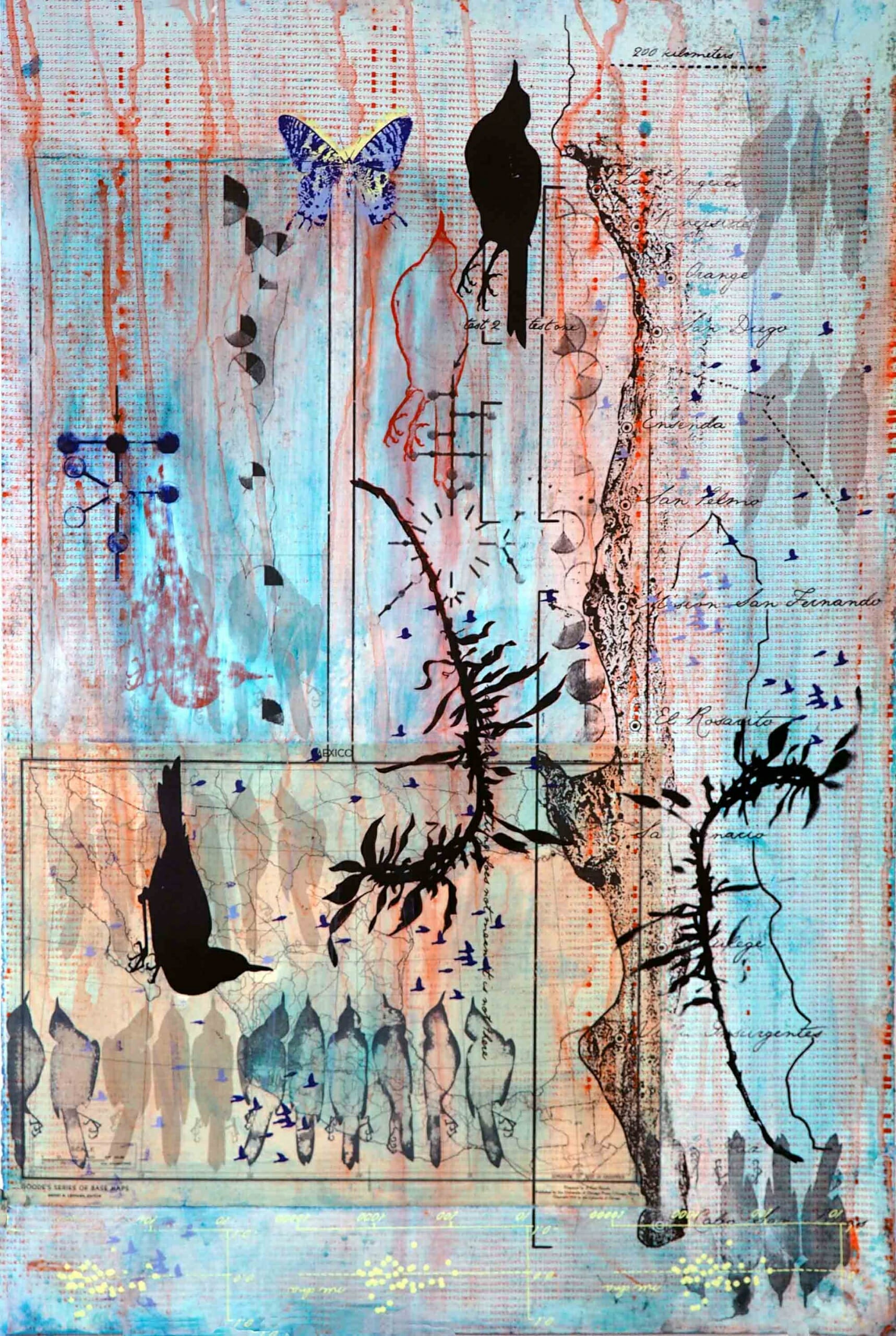 Emily Arthur, Scrub Sage (with red bird shadows), 2016. Acrylic medium on glazed paper with screen printed elements and chine collé, 30 x 22 inches. Courtesy of the artist.