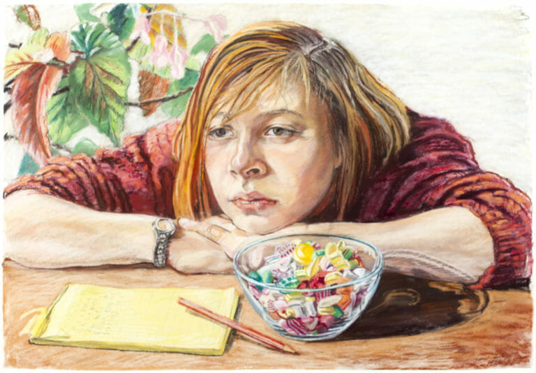 Janet Fish, Sasha with a Bowl of Candy, 1988. Pastel, 30 x 44 inches. Collection of the Madison Museum of Contemporary Art. Purchase, in honor of Janet Ela, through funds contributed by the Art League and other friends.