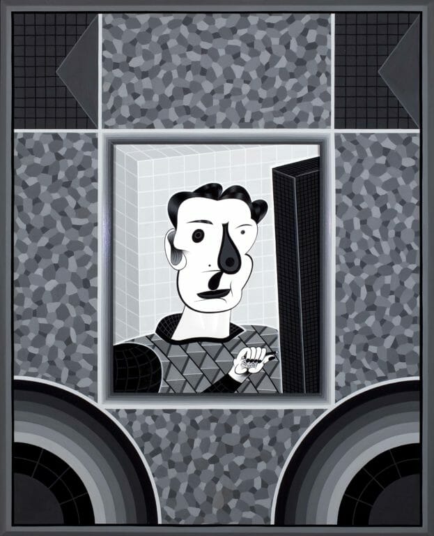 Jim Nutt, Wee Jim's Black Eye, 1986. Acrylic on Masonite with artist's painted frame, 26 1/8 x 21 inches. The Bill McClain Collection of Chicago Imagism, Madison Museum of Contemporary Art.