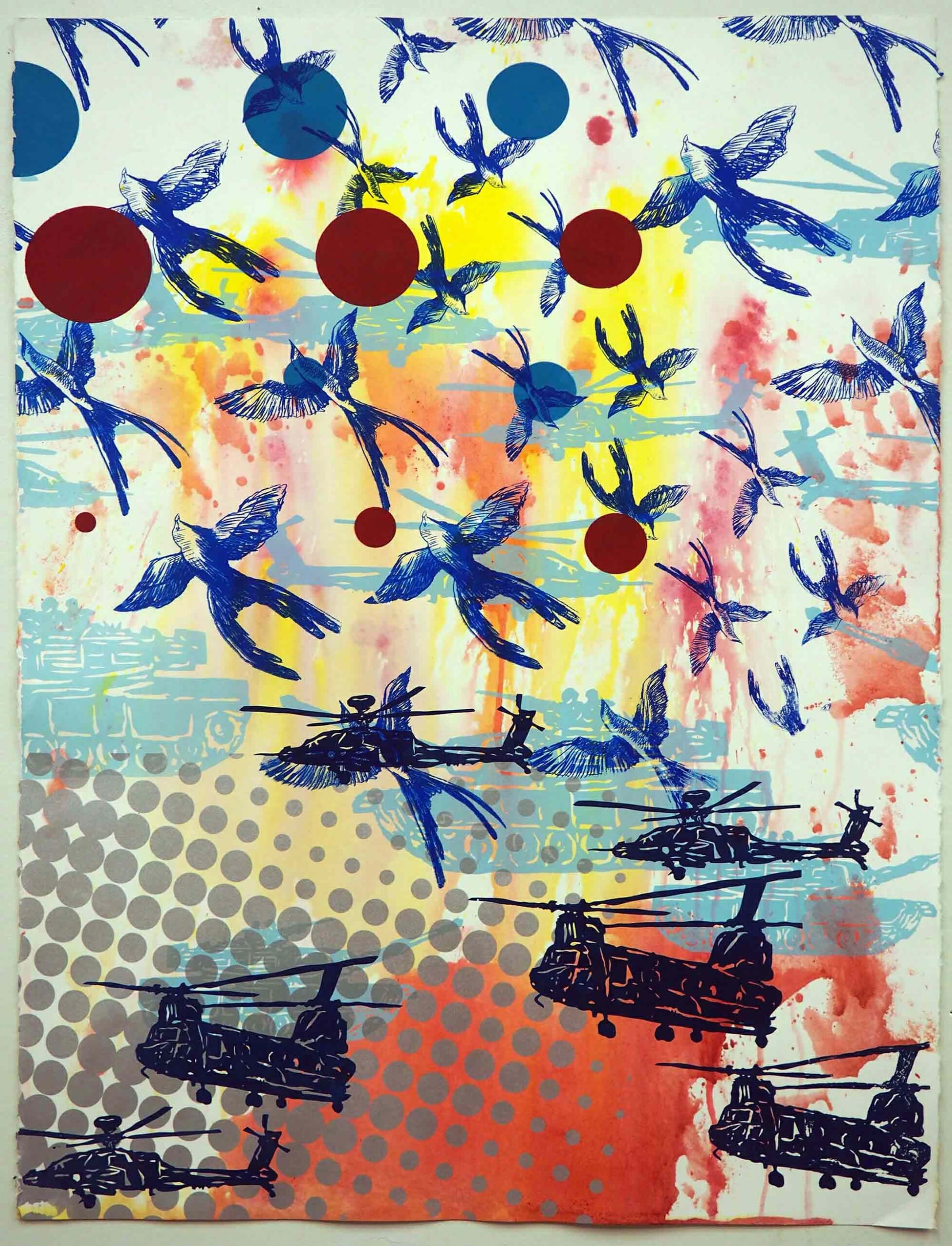 John Hitchcock, Beads, Birds and Bombs 3, 2015. Screenprint and dye on paper, 22 x 30 inches. Courtesy of the artist.