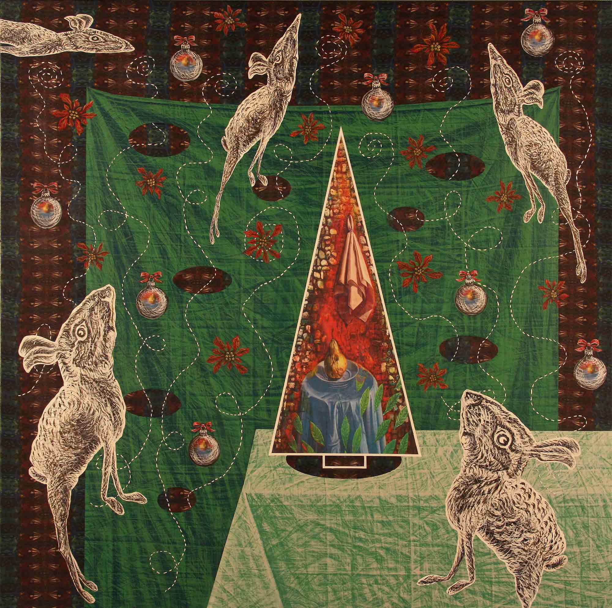 Kristy Deetz, Christmas Rising, 2016. Acrylic paint on digital pattern printed on silk with image transfers and embroidery on canvas, 36 x 36 inches. Courtesy of the artist