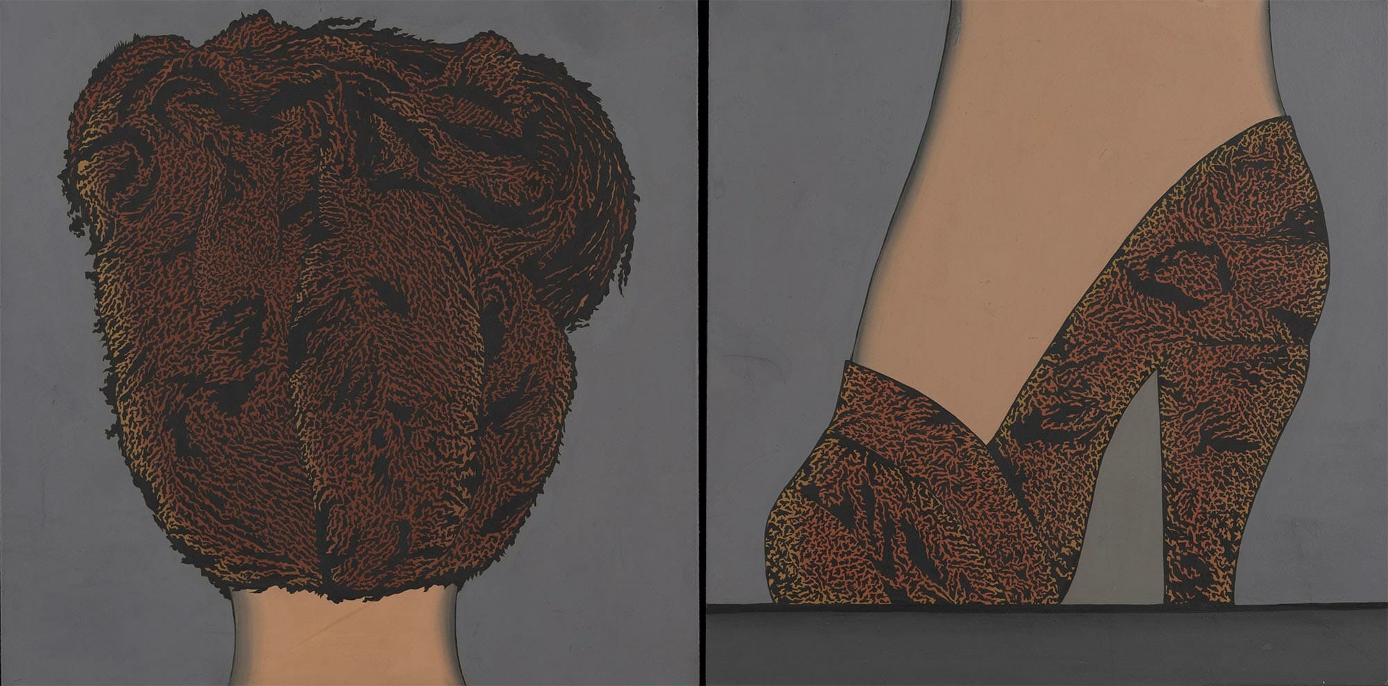 Christina Ramberg, Lizard Hair and Shoe, 1969-1970. Acrylic on Masonite, 13 x 25 1/8 in. Collection of the Madison Museum of Contemporary Art. Gift of Mark and Judy Bednar. © The Estate of Christina Ramberg
