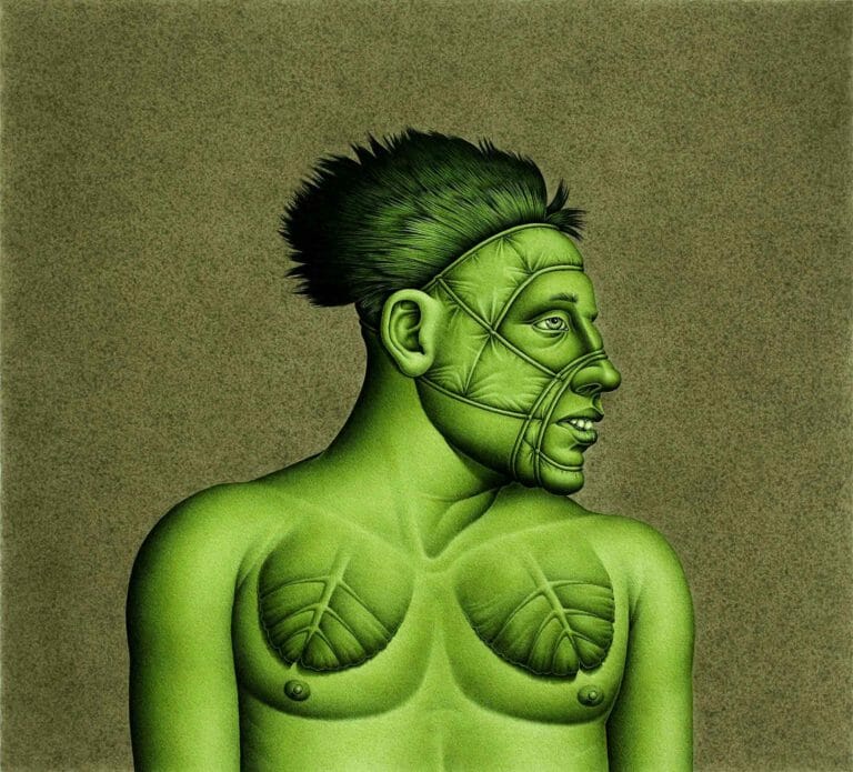 watercolor illustration of a human-like person with leaves on their chest and ropes tied around their face