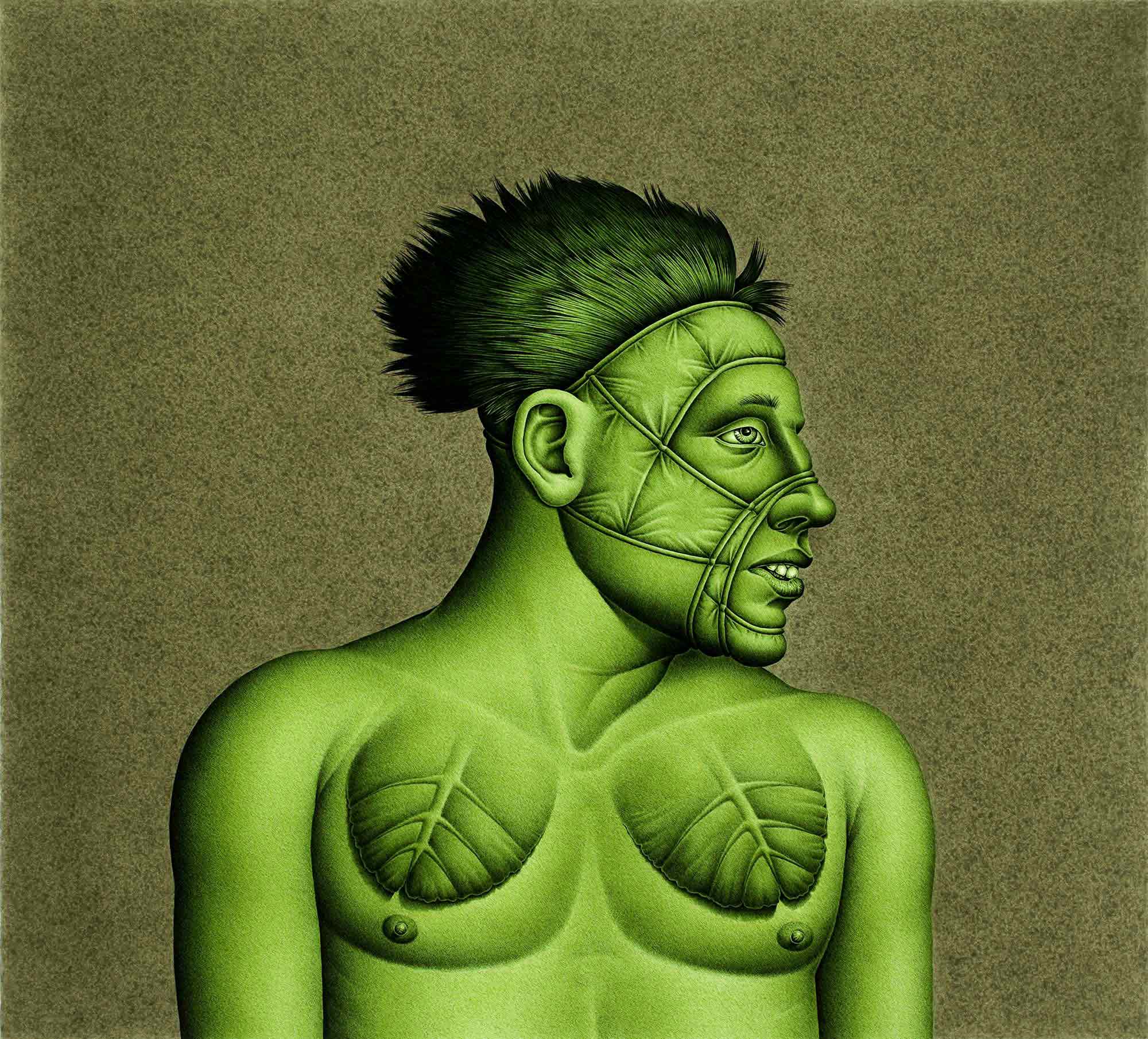 watercolor illustration of a human-like person with leaves on their chest and ropes tied around their face