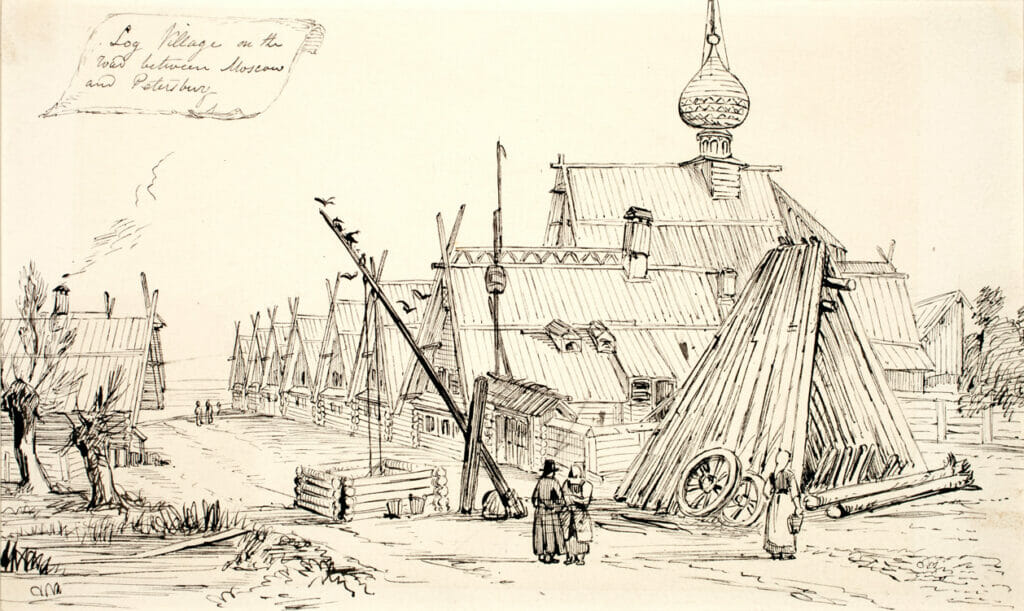 Log Village on the Way Between Moscow and Petersburg. Artist: Artist Unknown. Date: 1844. Medium: ink.