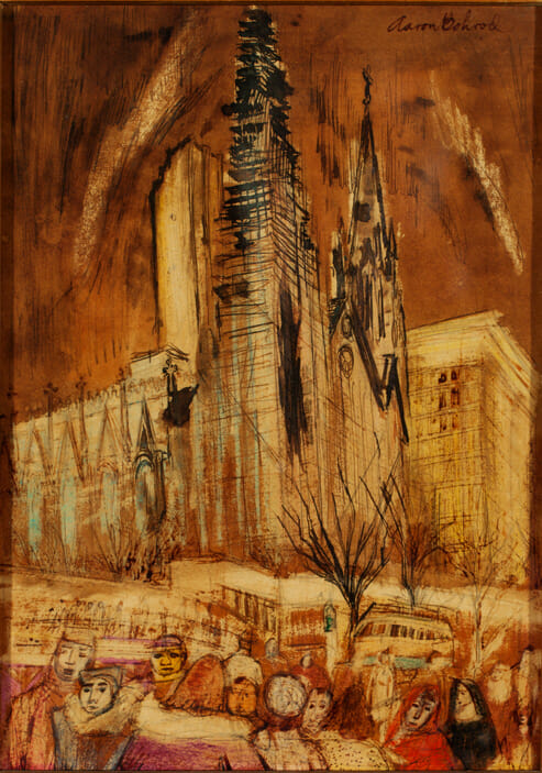 The Cathedral. Artist: Aaron Bohrod. Medium: ink, crayon, and watercolor.