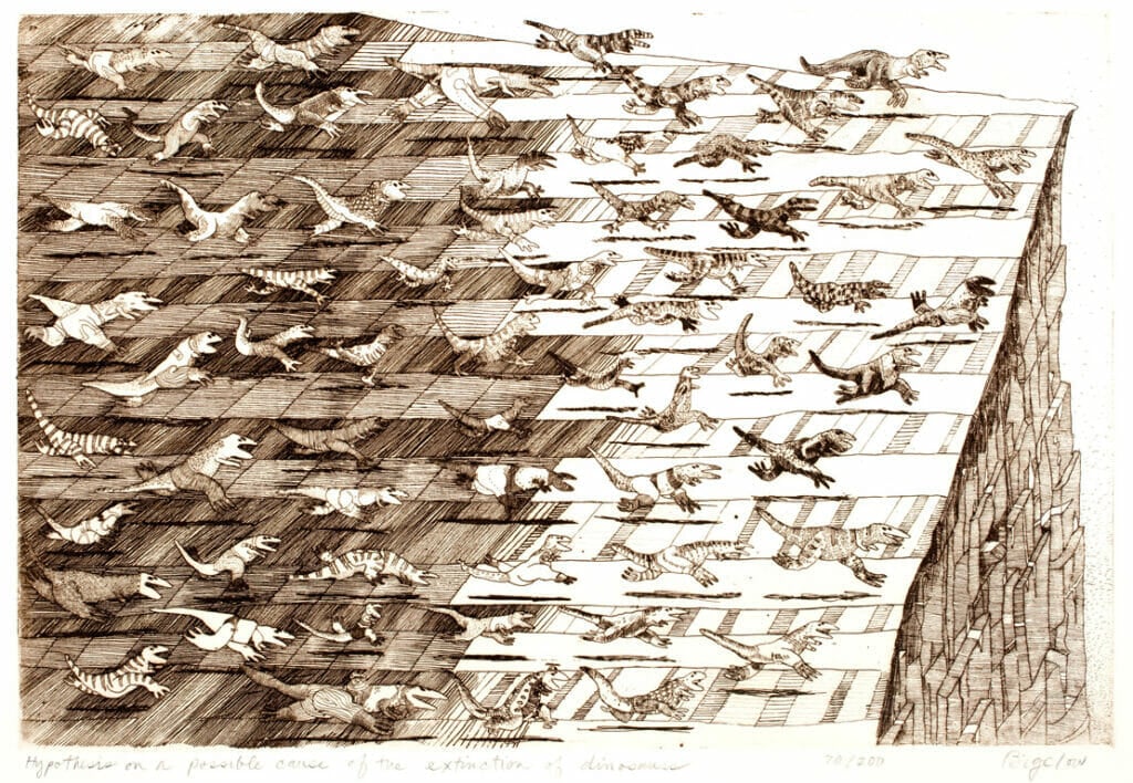 Hypothesis on a possible cause for the extinction of dinosaurs. Artist: David Bigelow. Medium: etching.