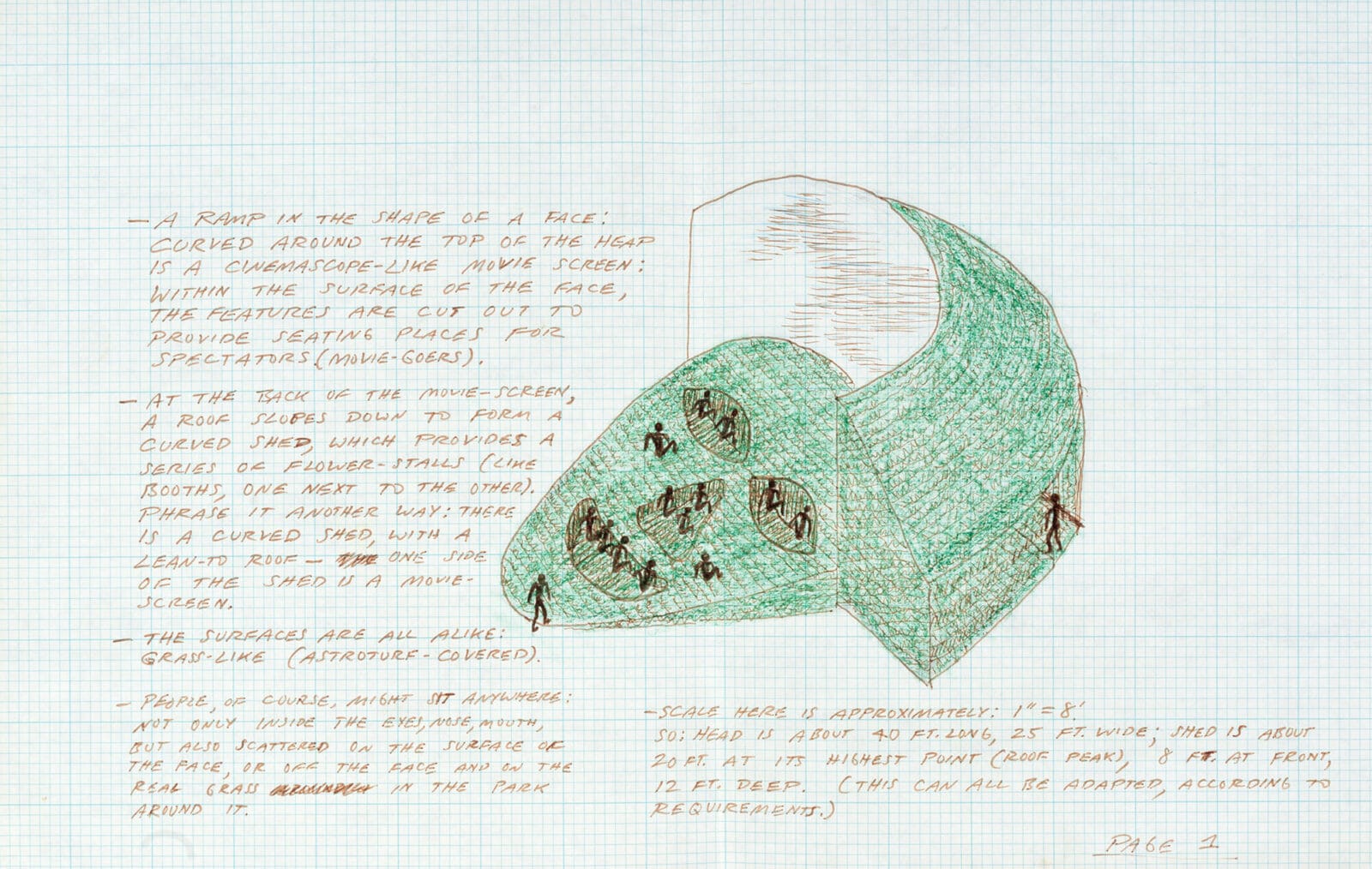 Drawing for the Proposed Arena in Loring Park, Minneapolis, Minnesota. Artist: Vito Acconci. Date: 1984. Medium: felt-tip pen.