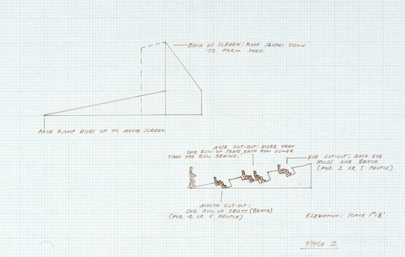 Drawing for the Proposed Arena in Loring Park, Minneapolis, Minnesota. Artist: Vito Acconci. Date: 1984. Medium: felt-tip pen.