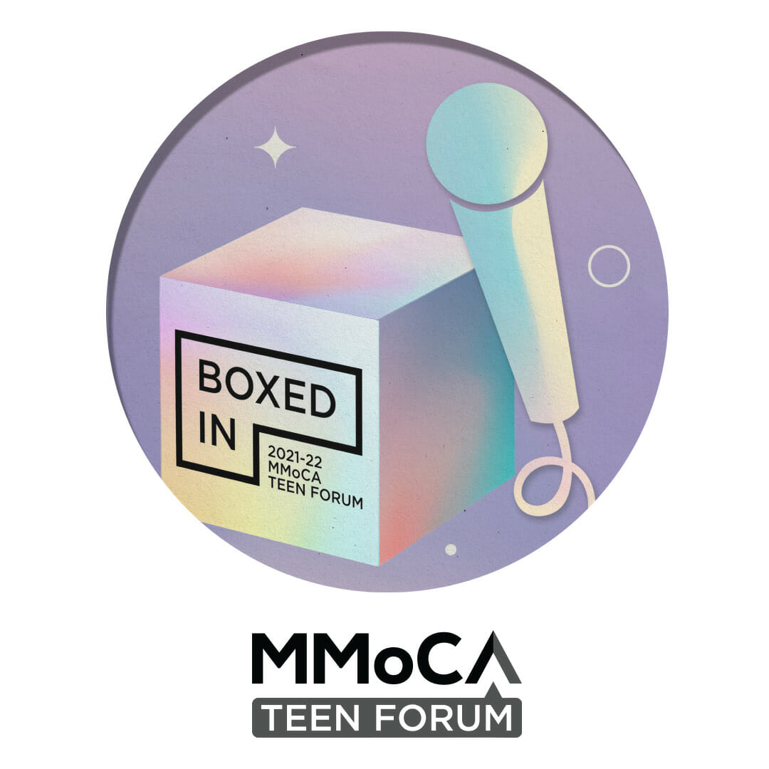graphic illustration of a microphone and a cube inside of a circle with the MMoCA Teen Forum logo