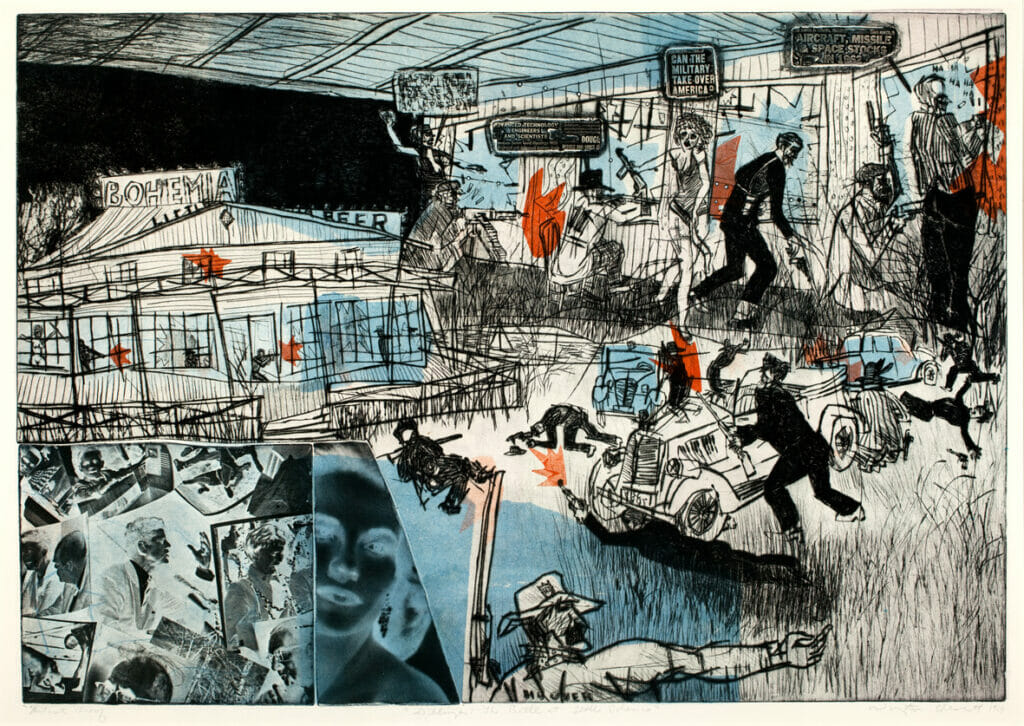 The Battle at Little Bohemia. Artist: Warrington Colescott. Date: 1964. Medium: Drypoint, with vibrograver, à la poupée inking, letterpress plates, letterpress photo plates, sandpaper, and relief rolls through stencils on paper.