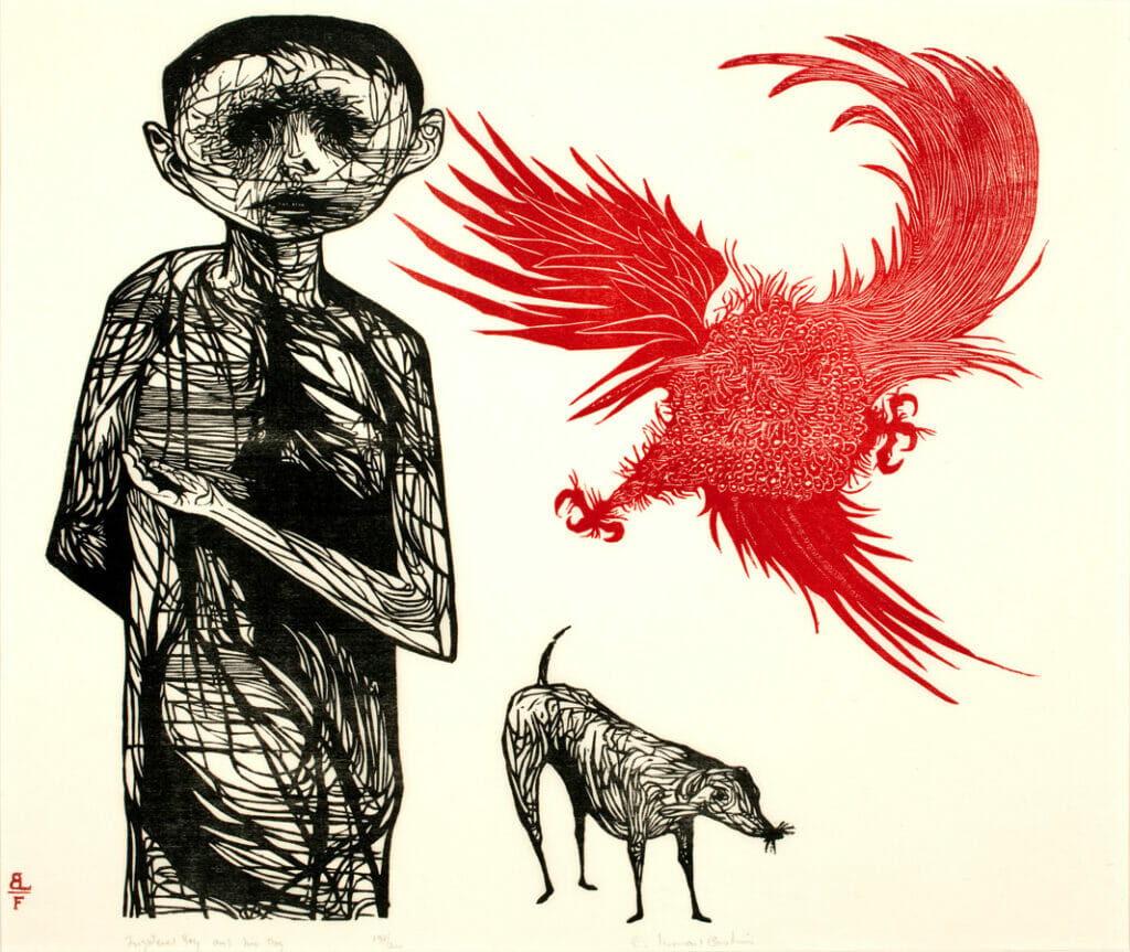 Frightened Boy and His Dog. Artist: Leonard Baskin. Date: 1955. Medium: woodcut.