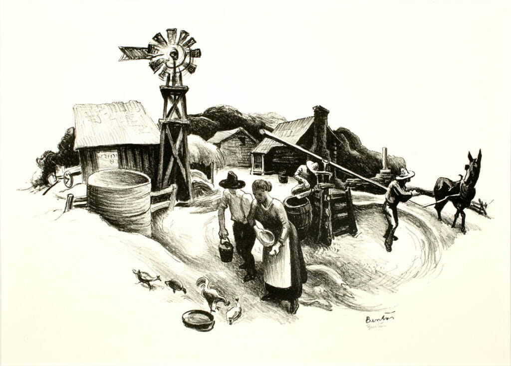 Kansas Farmyard. Artist: Thomas Hart Benton. Date: 1936. Medium: lithograph.