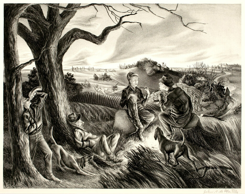 Blue Valley Fox Hunt. Artist: John Stockton de Martelly. Date: 1938. Medium: lithograph.