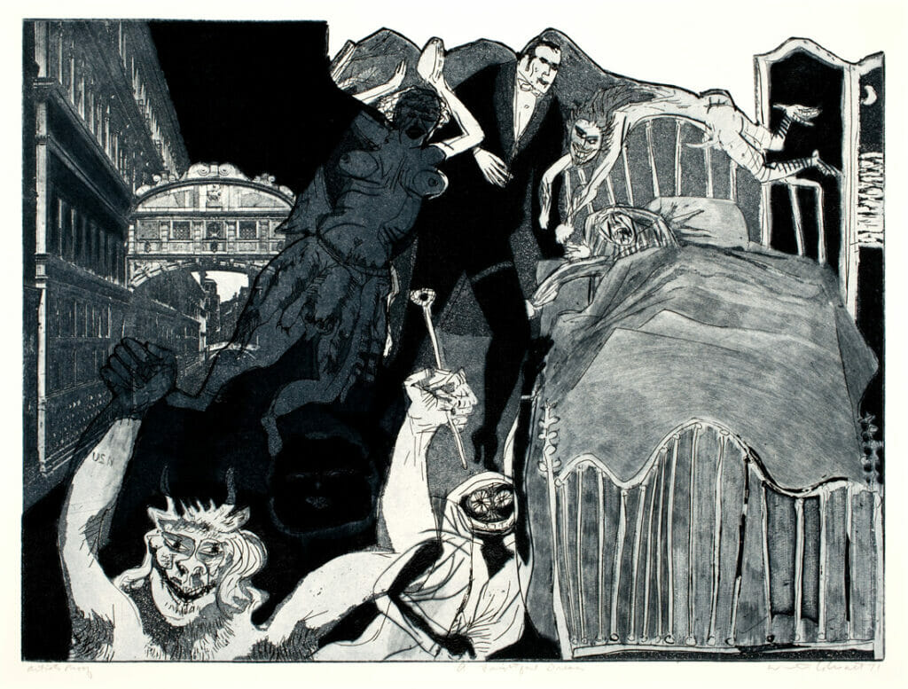 Death in Venice:  A Frightful Dream. Artist: Warrington Colescott. Date: 1971. Medium: soft-ground etching, drypoint, photo-etching, & aquatint, w vibrograver, & relief rolls through stencils.