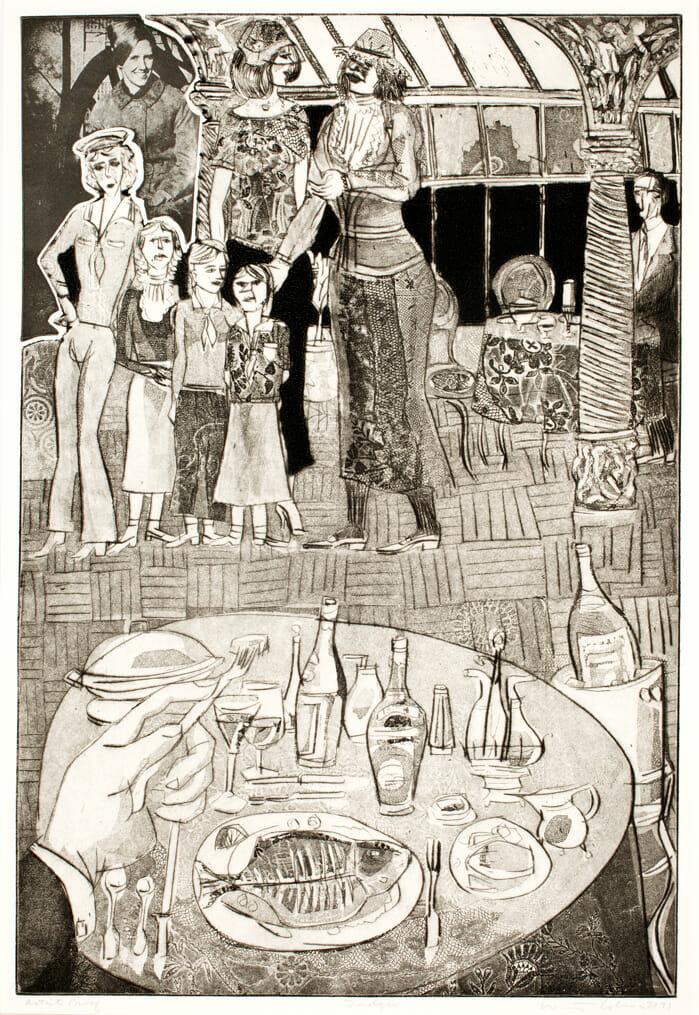 Death in Venice: Tadzio. Artist: Warrington Colescott. Date: 1971. Medium: soft-ground etching, drypoint, aquatint, & letterpress photo plate, w vibrograver, & relief rolls.