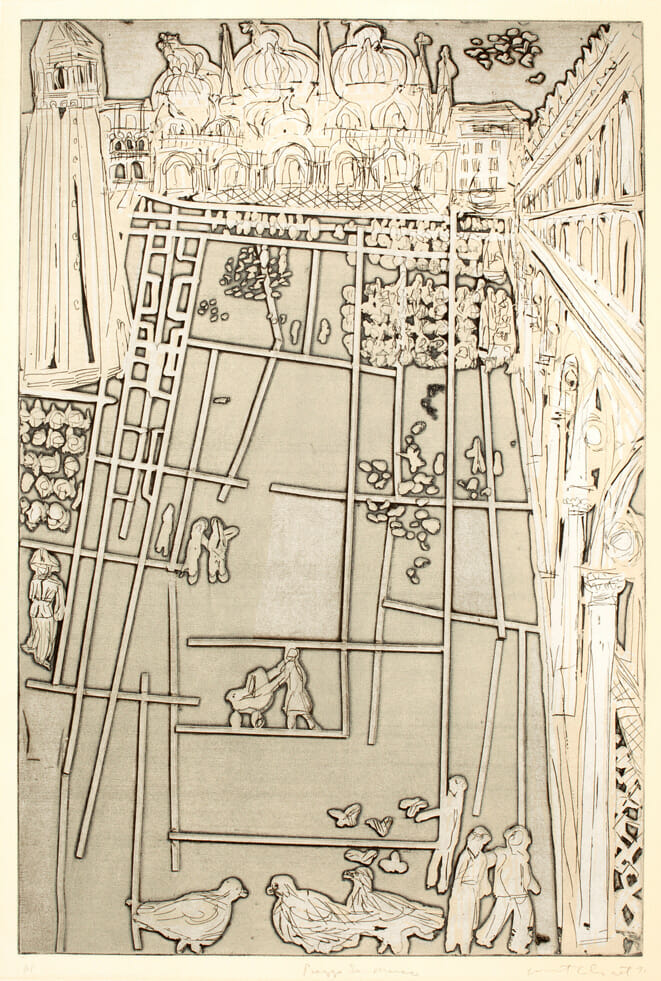 Death in Venice: Piazza San Marco. Artist: Warrington Colescott. Date: 1971. Medium: woodcut and hard-ground etching with relief rolls through stencils.