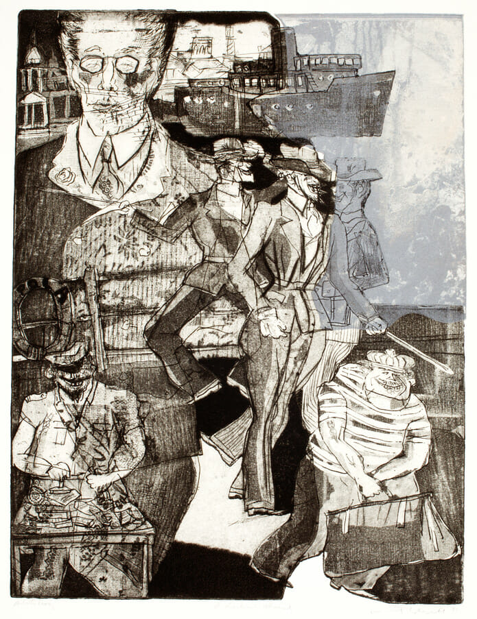 Death in Venice: Aschenbach Aboard. Artist: Warrington Colescott. Date: 1971. Medium: soft-ground etching, drypoint, & aquatint, with vibrograver, & relief rolls through stencils.