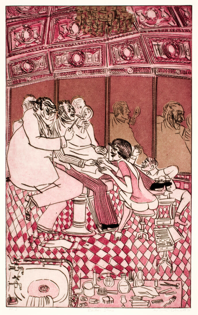 Death in Venice:  Barber Shop. Artist: Warrington Colescott. Date: 1971. Medium: Drypoint and aquatint, with relief rolls through stencils.