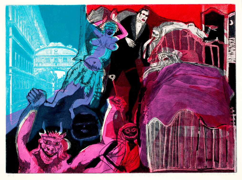 A Frightful Dream. Artist: Warrington Colescott. Date: 1971. Medium: soft-ground etching, drypoint, photo-etching, & aquatint, w ith vibrograver, & relief rolls through stencils.