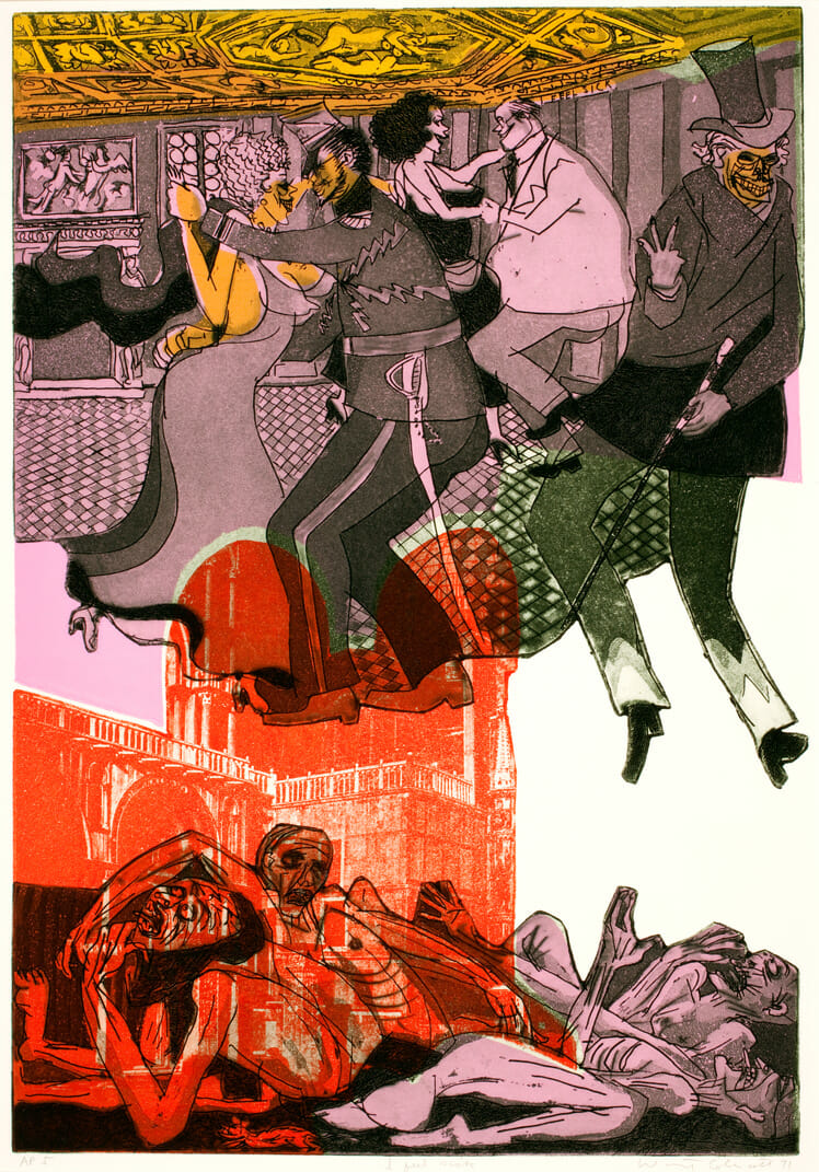 Death in Venice:  I Feel Sick. Artist: Warrington Colescott. Date: 1971. Medium: hard-ground etching, aquatint, & photo-etching, with vibrograver, and relief rolls through stencils.