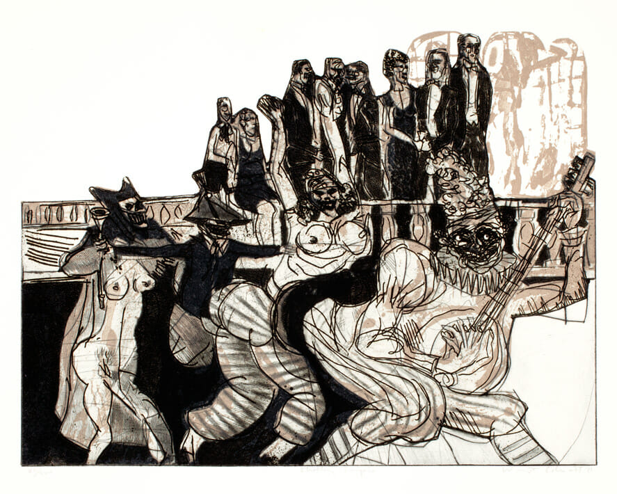 Death in Venice:  Strolling Singers. Artist: Warrington Colescott. Date: 1971. Medium: hard-ground etching & drypoint, w roulette, vibrograver, & relief rolls through stencils.