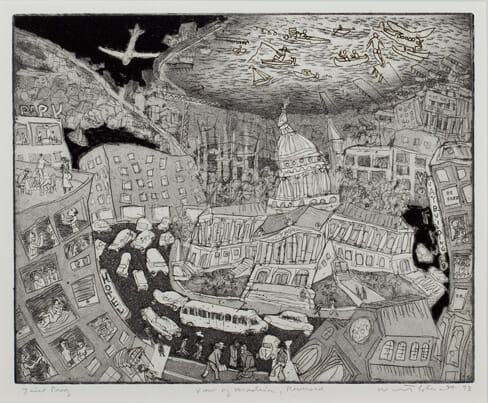 View from W. Washington and Rue Rabelais. Artist: Warrington Colescott. Date: 1973. Medium: soft-ground etching and aquatint, with roulette, vibrograver, and relief rolls through stencils.